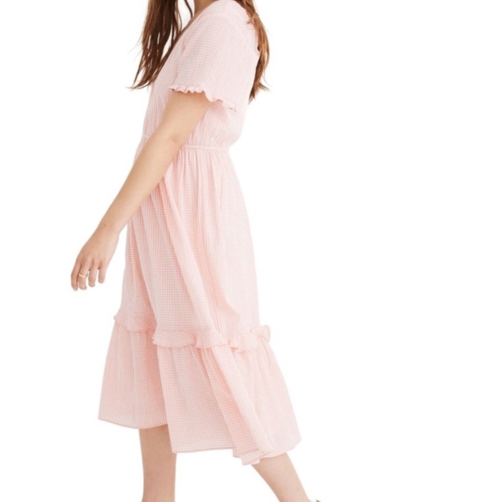 Madewell Gingham Pink Plaid Tiered Midi Dress size S cottagecore boho prairie